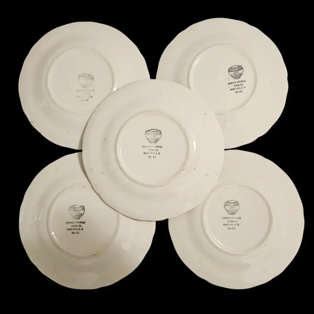Edwin M Knowles Floral Saucers Set 5 Gold Trim Semi Vitreous USA